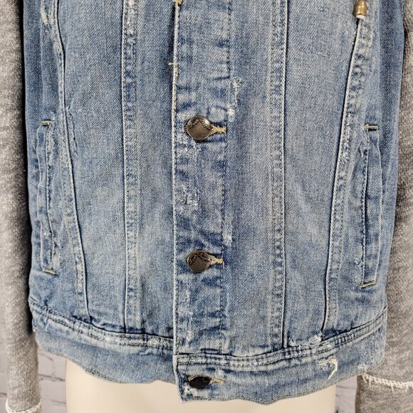 Free People Blue Denim Distressed Removable Knit Hood Jean Jacket Size Small S - Picture 8 of 14